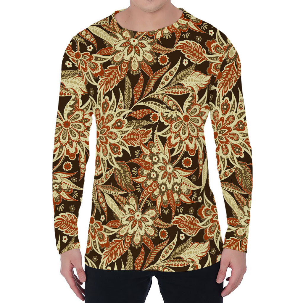 Vintage Brown Bohemian Floral Print Men's Long Sleeve T-Shirt