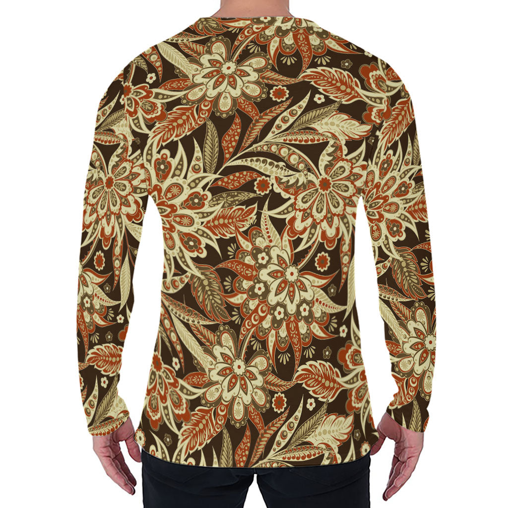 Vintage Brown Bohemian Floral Print Men's Long Sleeve T-Shirt