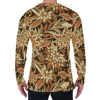 Vintage Brown Bohemian Floral Print Men's Long Sleeve T-Shirt