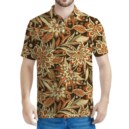 Vintage Brown Bohemian Floral Print Men's Polo Shirt
