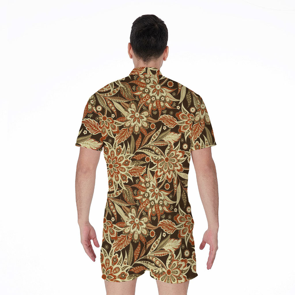 Vintage Brown Bohemian Floral Print Men's Rompers