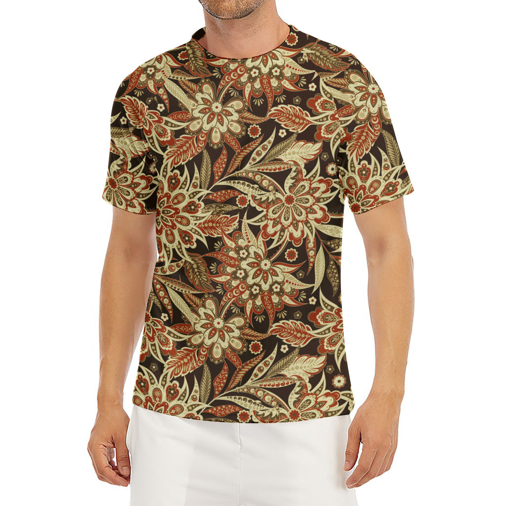 Vintage Brown Bohemian Floral Print Men's Short Sleeve Rash Guard