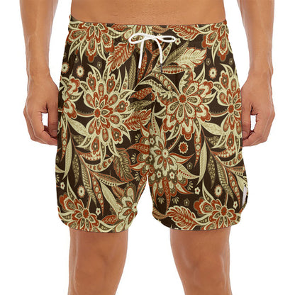 Vintage Brown Bohemian Floral Print Men's Split Running Shorts
