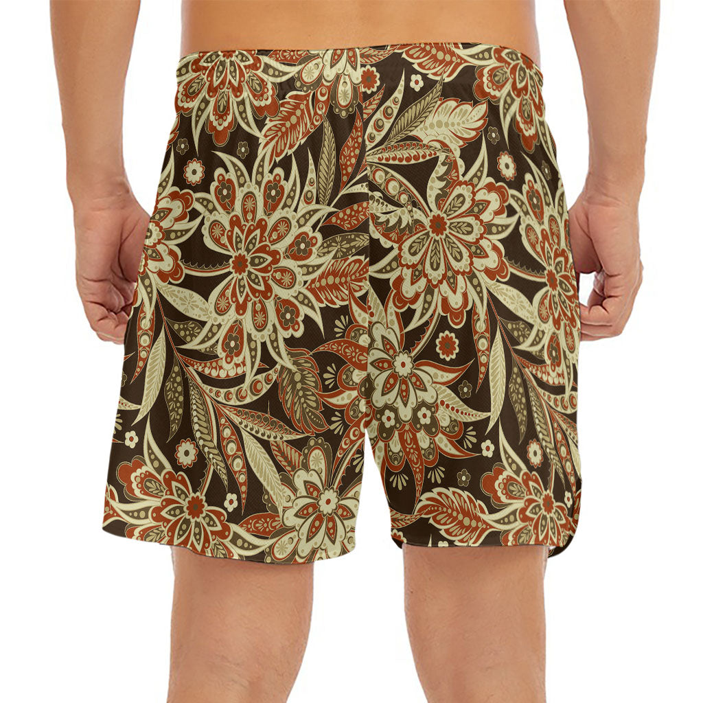 Vintage Brown Bohemian Floral Print Men's Split Running Shorts