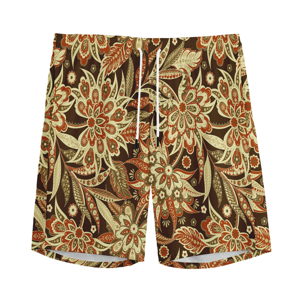 Vintage Brown Bohemian Floral Print Men's Sports Shorts
