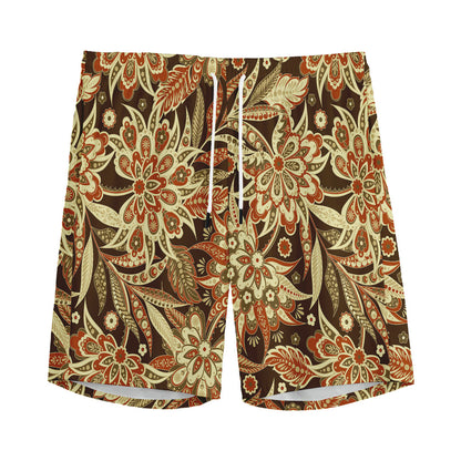 Vintage Brown Bohemian Floral Print Men's Sports Shorts
