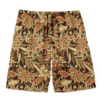 Vintage Brown Bohemian Floral Print Men's Swim Trunks