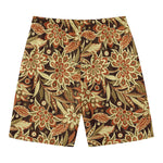 Vintage Brown Bohemian Floral Print Men's Swim Trunks
