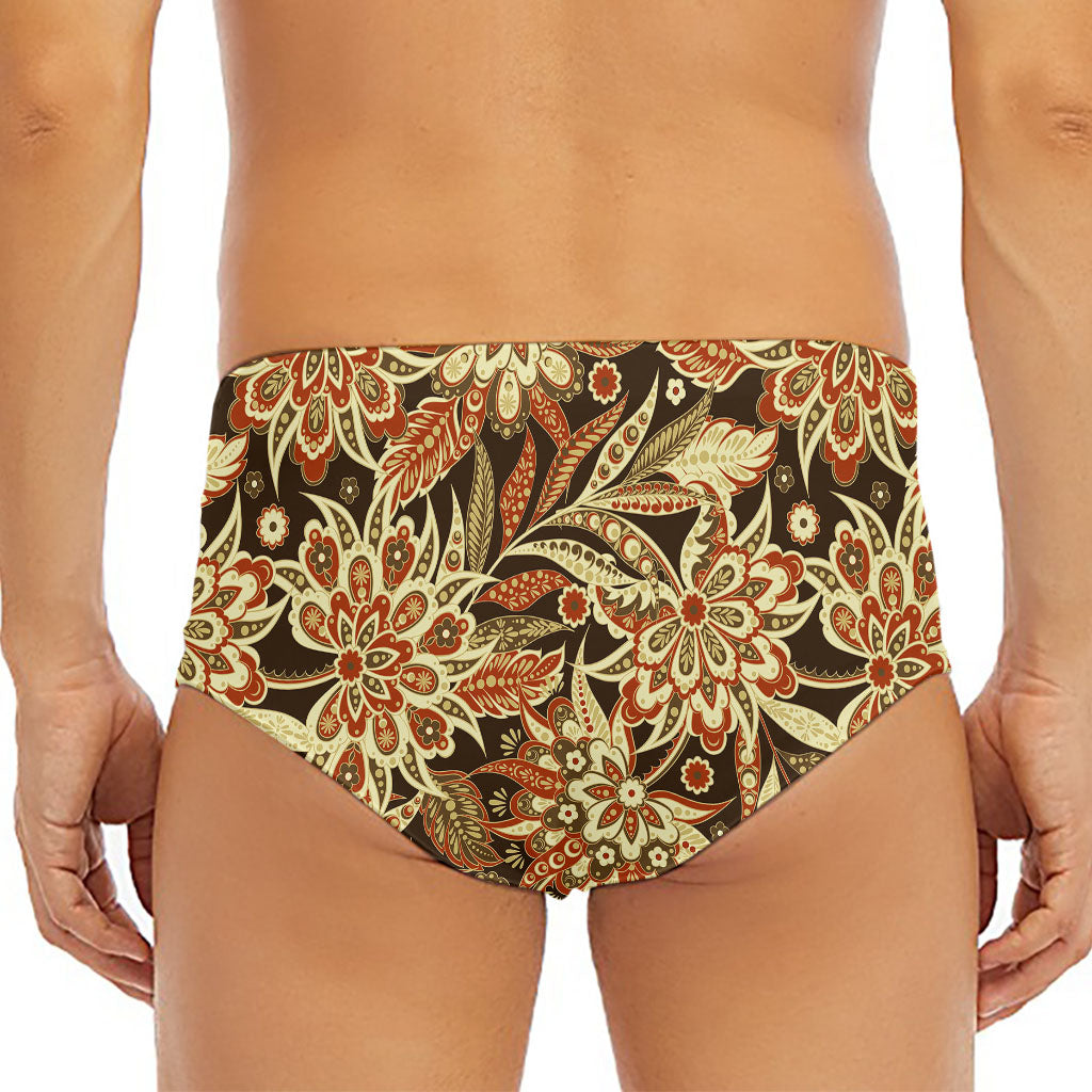 Vintage Brown Bohemian Floral Print Men's Triangle Swim Briefs