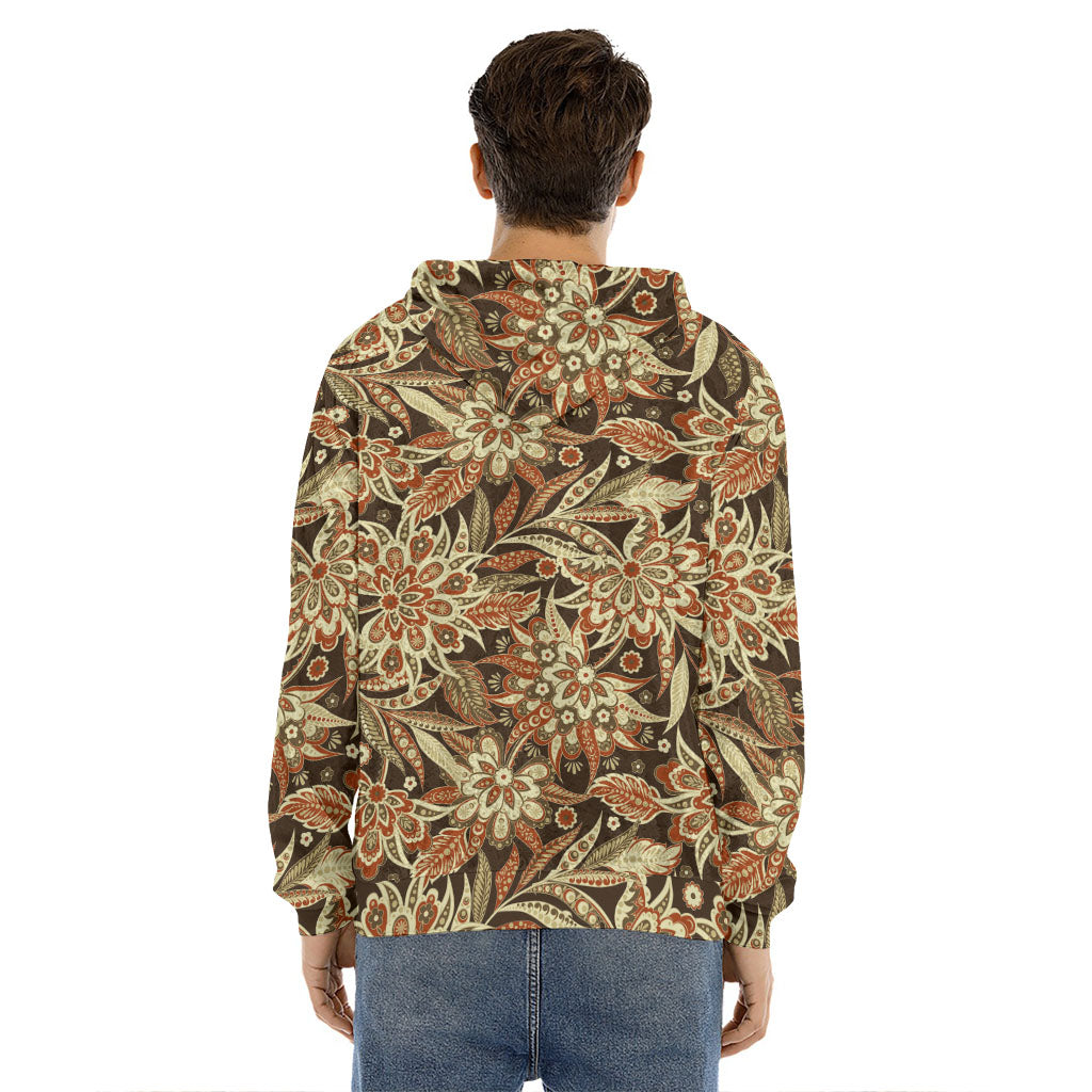 Vintage Brown Bohemian Floral Print Men's Velvet Pullover Hoodie