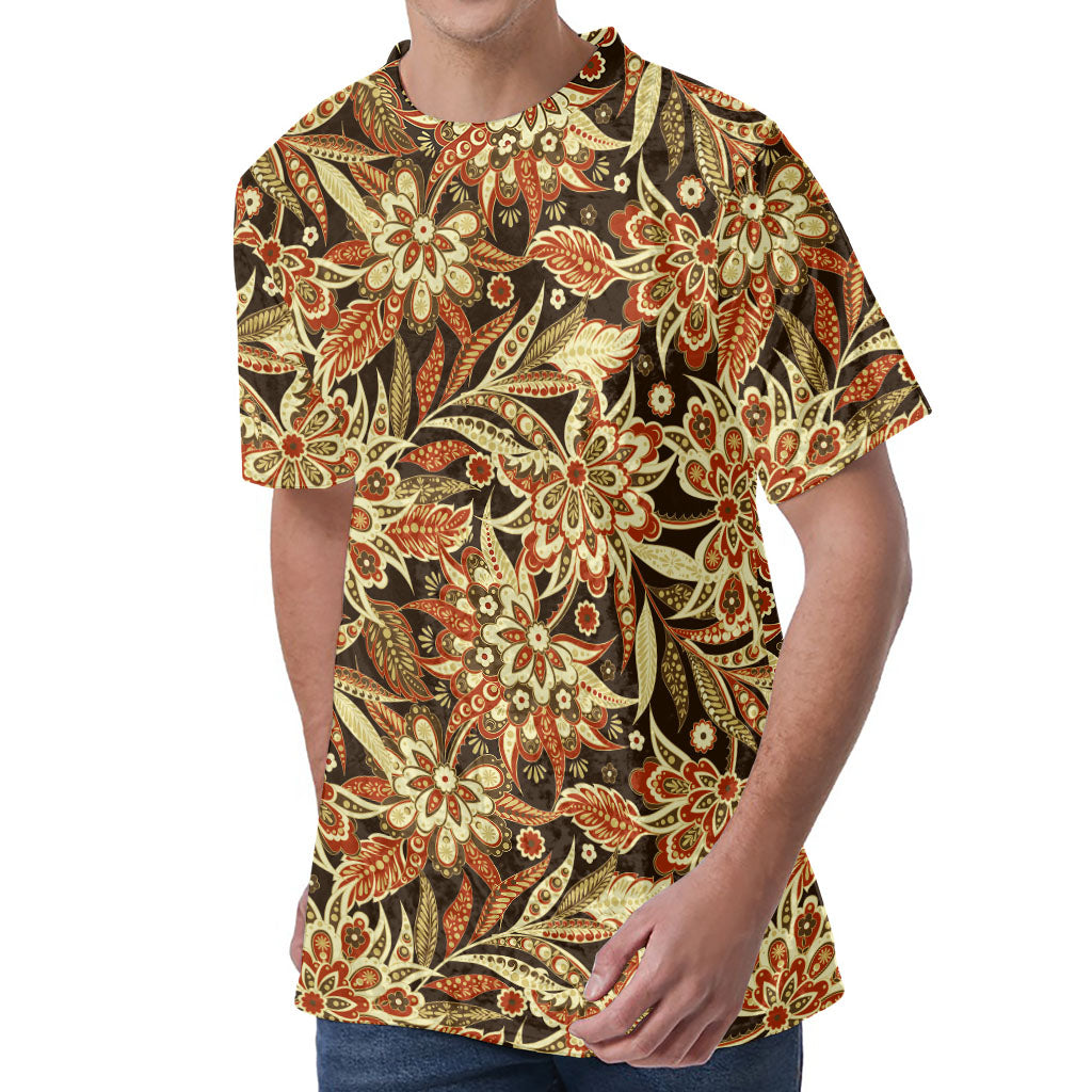 Vintage Brown Bohemian Floral Print Men's Velvet T-Shirt