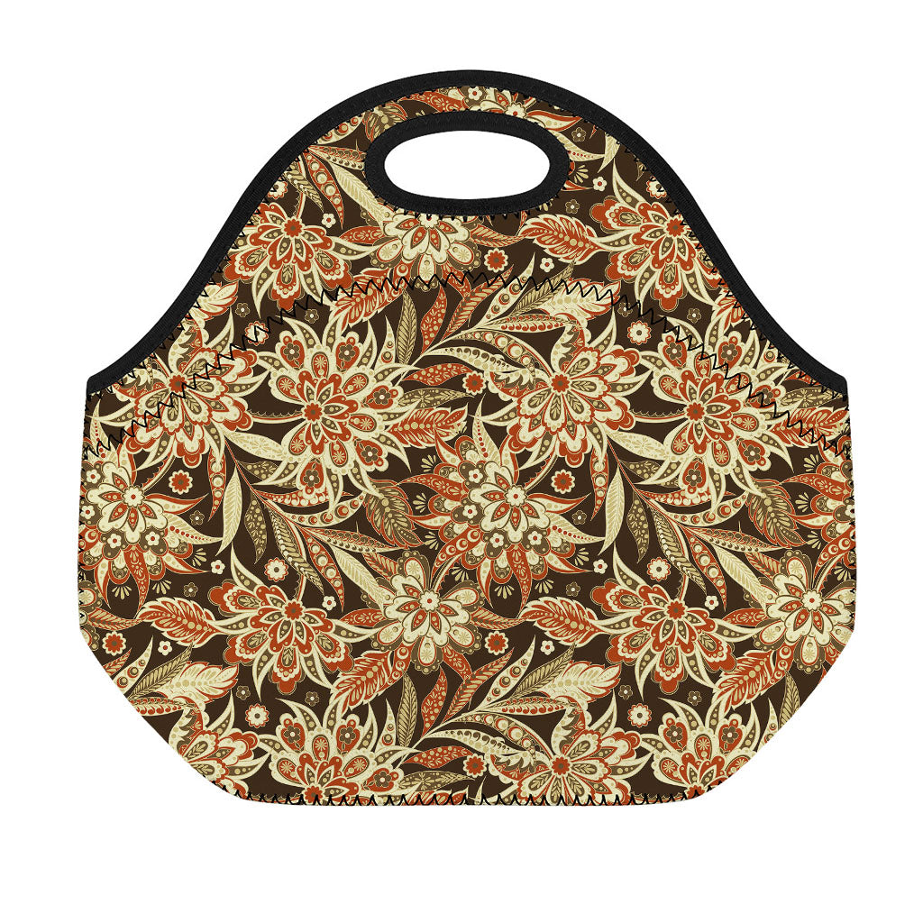 Vintage Brown Bohemian Floral Print Neoprene Lunch Bag