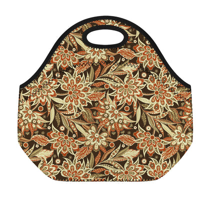 Vintage Brown Bohemian Floral Print Neoprene Lunch Bag