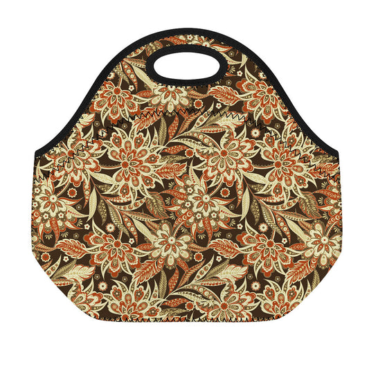Vintage Brown Bohemian Floral Print Neoprene Lunch Bag
