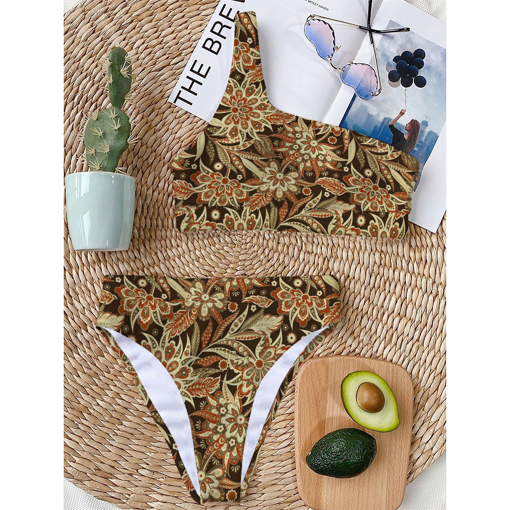 Vintage Brown Bohemian Floral Print One Shoulder Bikini Top