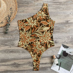 Vintage Brown Bohemian Floral Print One Shoulder Bodysuit
