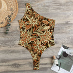 Vintage Brown Bohemian Floral Print One Shoulder Bodysuit