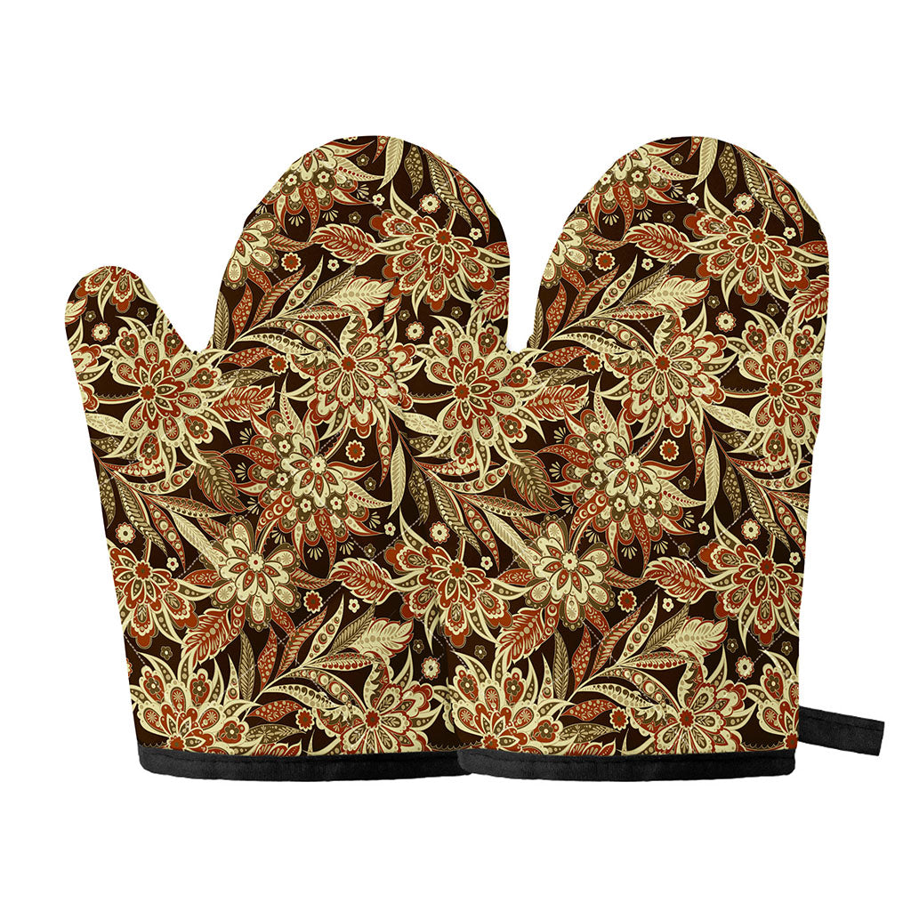 Vintage Brown Bohemian Floral Print Oven Mitts
