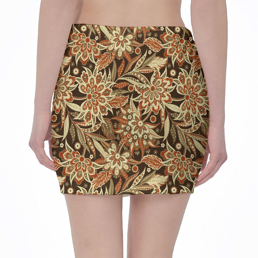 Vintage Brown Bohemian Floral Print Pencil Mini Skirt