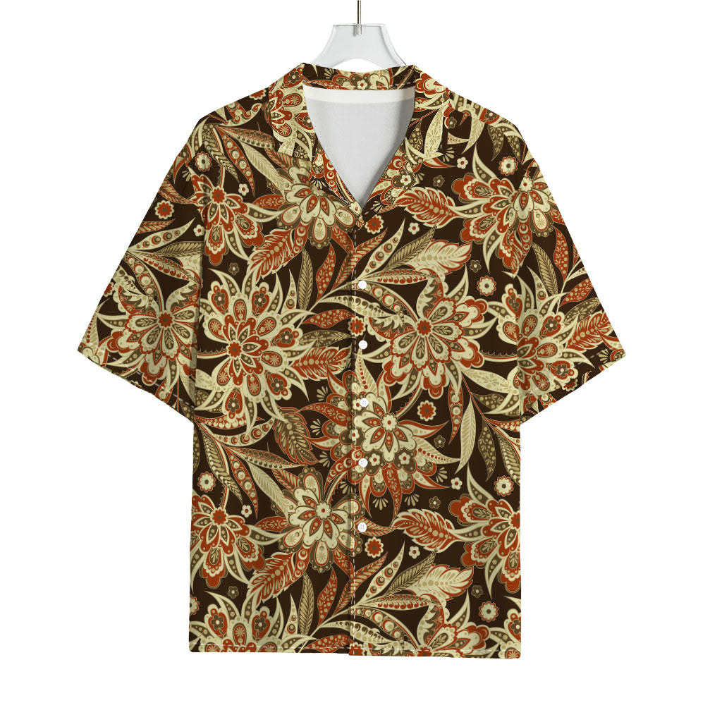 Vintage Brown Bohemian Floral Print Rayon Hawaiian Shirt