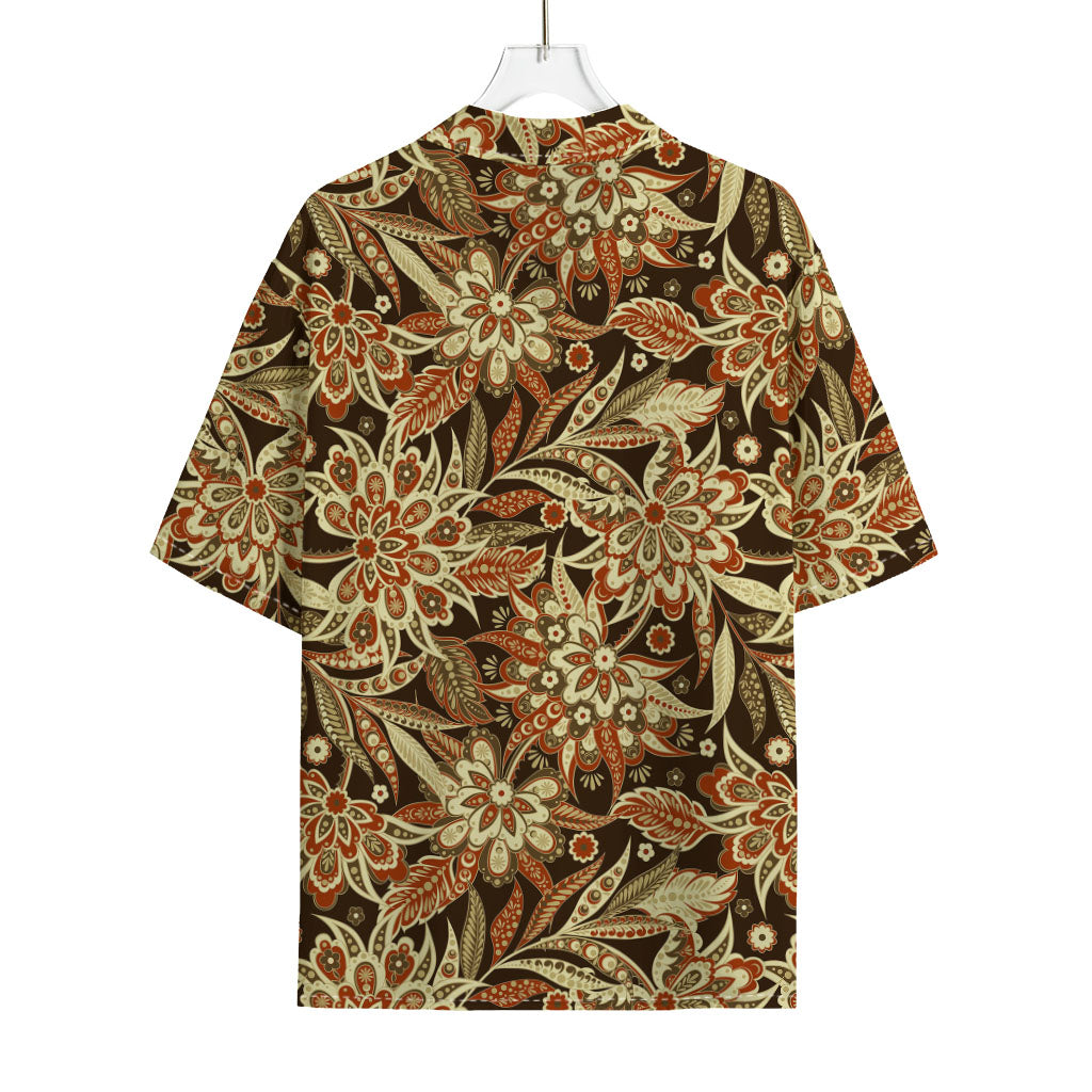 Vintage Brown Bohemian Floral Print Rayon Hawaiian Shirt