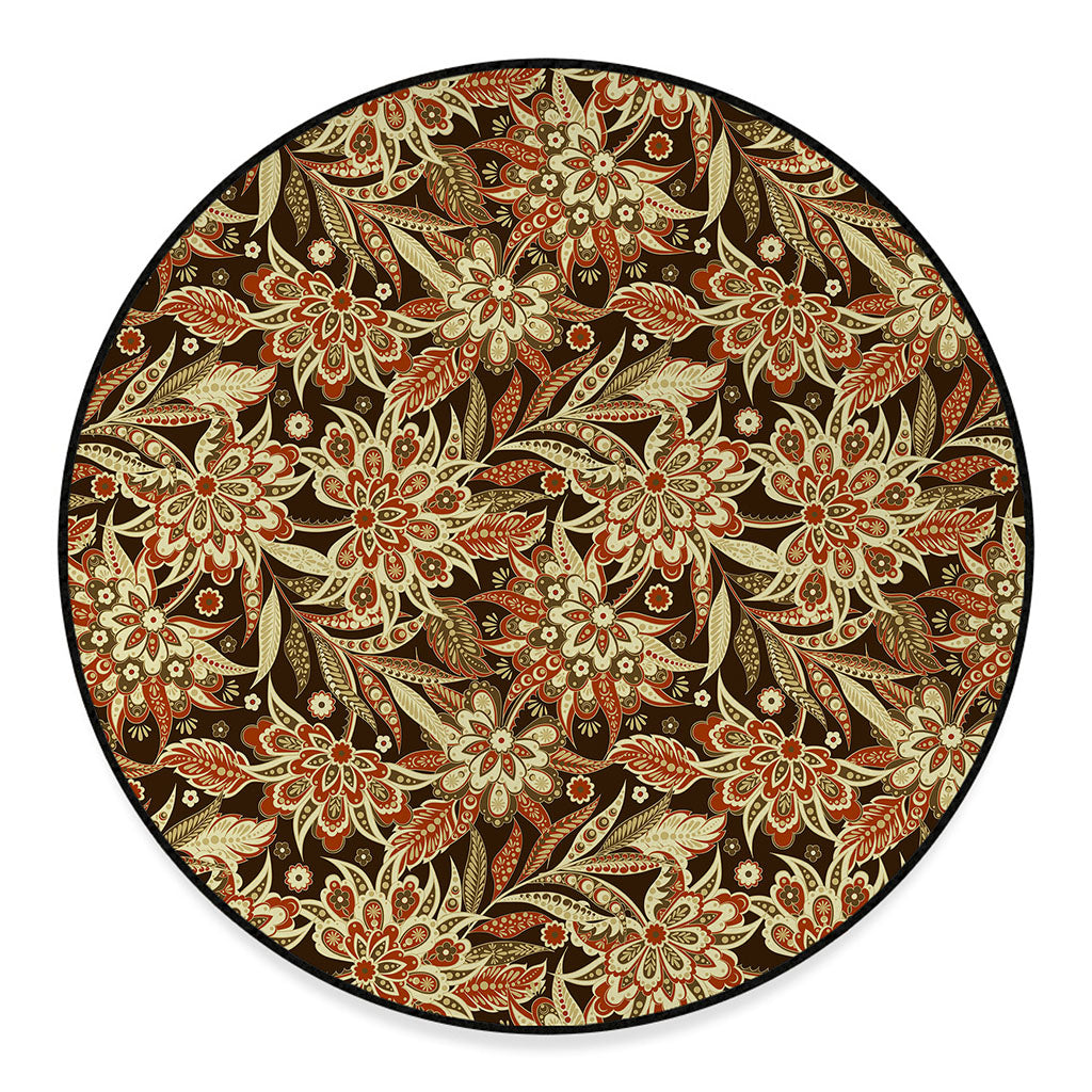 Vintage Brown Bohemian Floral Print Round Floor Mat