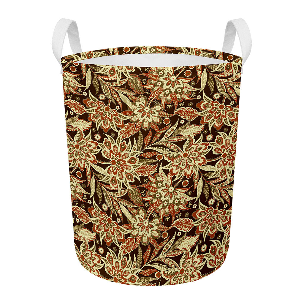 Vintage Brown Bohemian Floral Print Round Laundry Basket