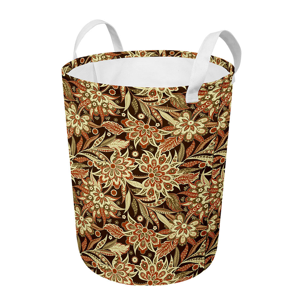Vintage Brown Bohemian Floral Print Round Laundry Basket