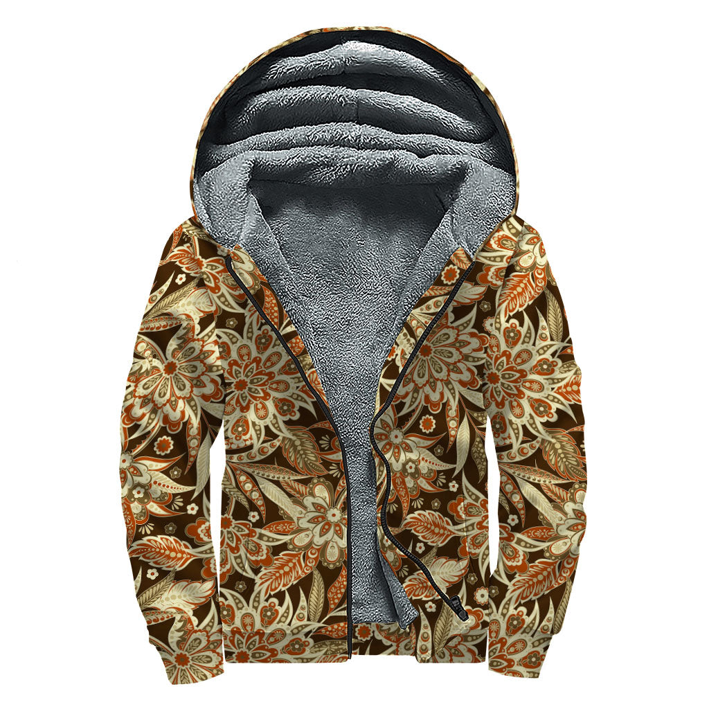 Vintage Brown Bohemian Floral Print Sherpa Lined Zip Up Hoodie