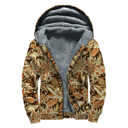 Vintage Brown Bohemian Floral Print Sherpa Lined Zip Up Hoodie