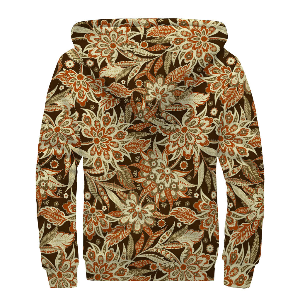 Vintage Brown Bohemian Floral Print Sherpa Lined Zip Up Hoodie