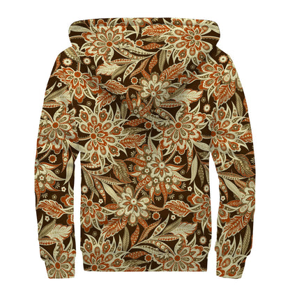 Vintage Brown Bohemian Floral Print Sherpa Lined Zip Up Hoodie