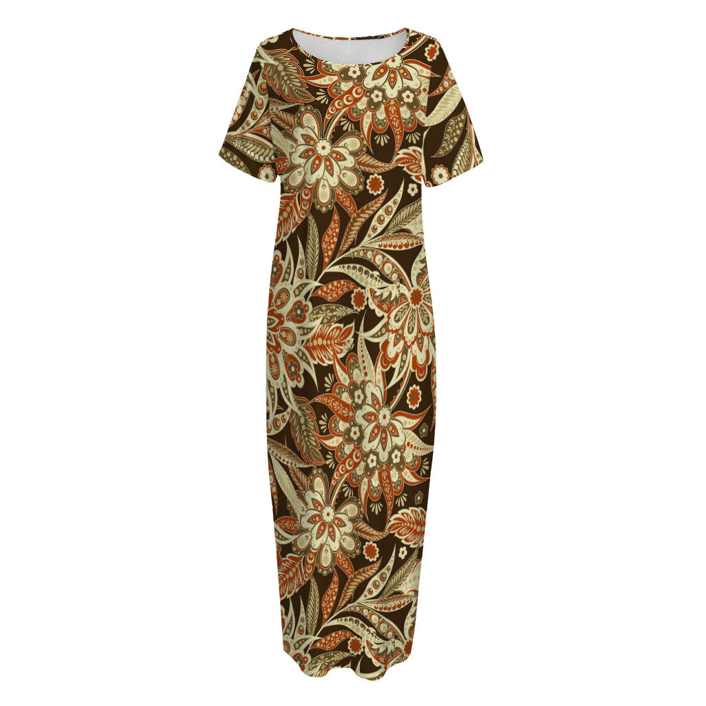 Vintage Brown Bohemian Floral Print Short Sleeve Long Nightdress