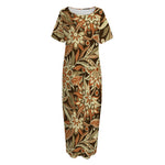 Vintage Brown Bohemian Floral Print Short Sleeve Long Nightdress