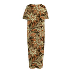 Vintage Brown Bohemian Floral Print Short Sleeve Long Nightdress