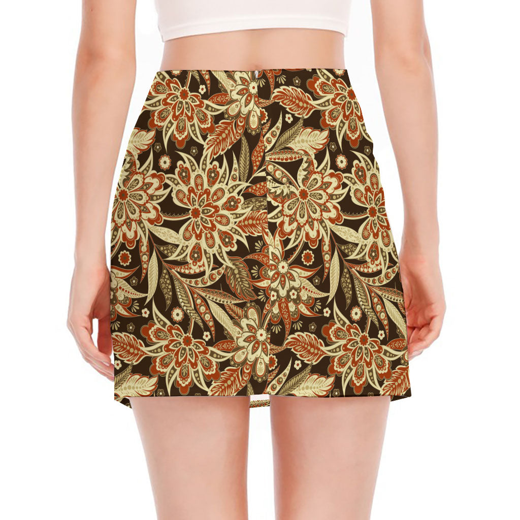 Vintage Brown Bohemian Floral Print Side Slit Mini Skirt