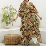 Vintage Brown Bohemian Floral Print Silk V-Neck Kaftan Dress