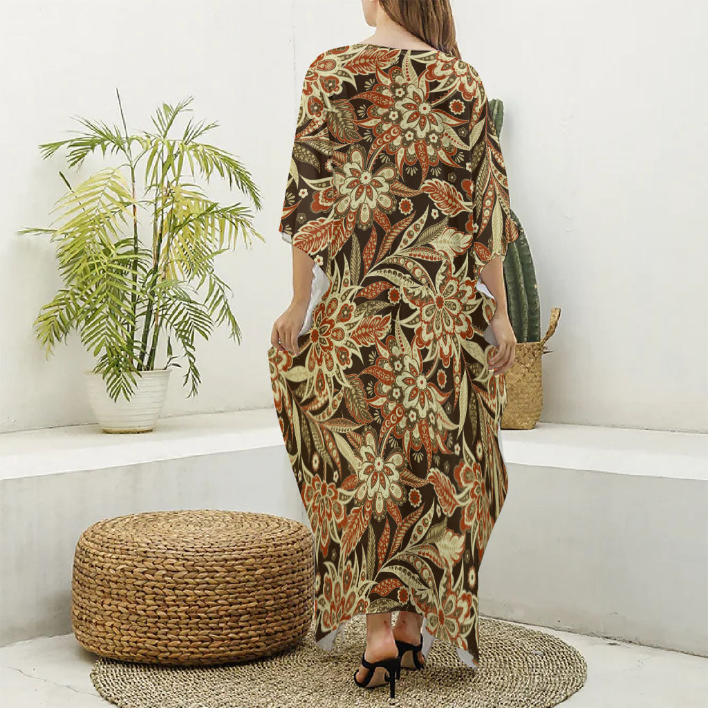 Vintage Brown Bohemian Floral Print Silk V-Neck Kaftan Dress