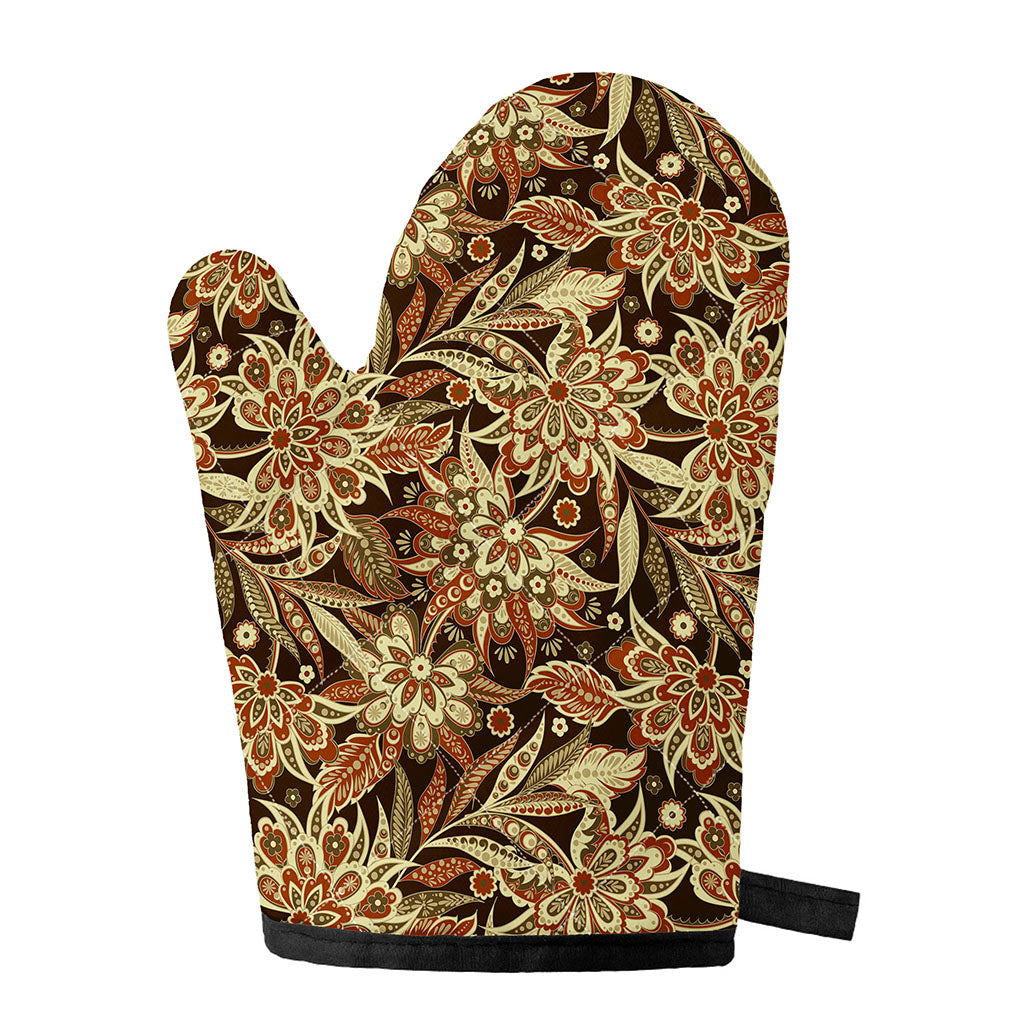 Vintage Brown Bohemian Floral Print Single Oven Mitt