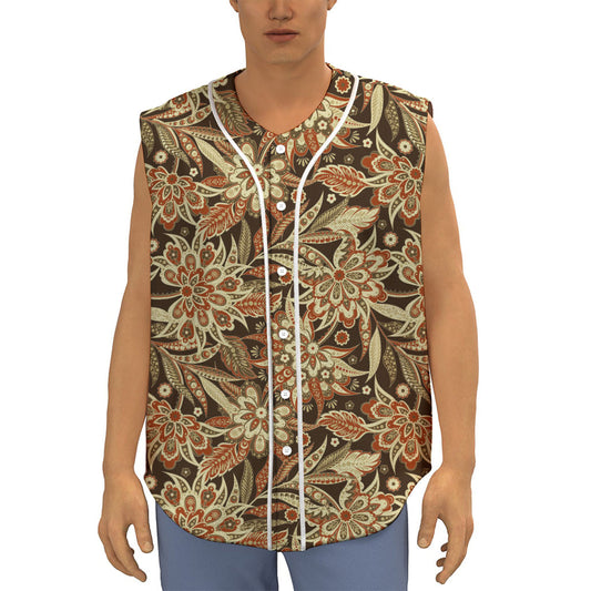 Vintage Brown Bohemian Floral Print Sleeveless Baseball Jersey