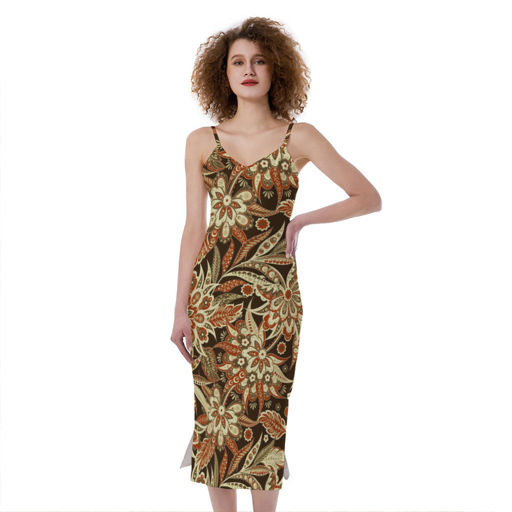 Vintage Brown Bohemian Floral Print Slim Fit Midi Cami Dress