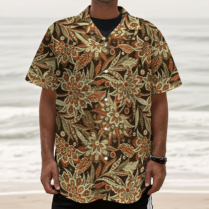Vintage Brown Bohemian Floral Print Textured Short Sleeve Shirt
