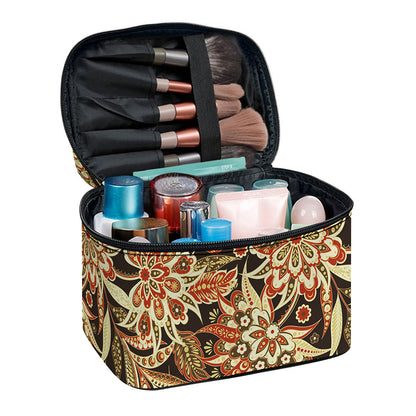 Vintage Brown Bohemian Floral Print Travel Makeup Bag