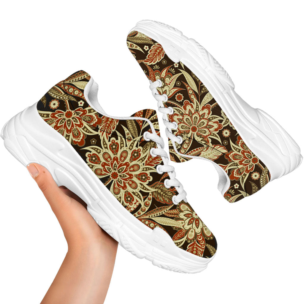 Vintage Brown Bohemian Floral Print White Chunky Shoes