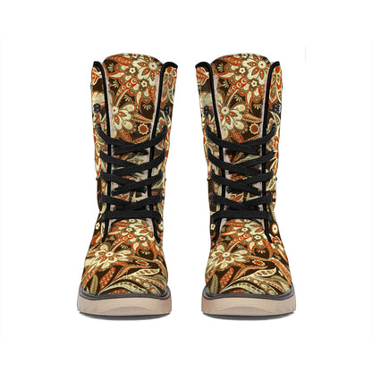 Vintage Brown Bohemian Floral Print Winter Boots