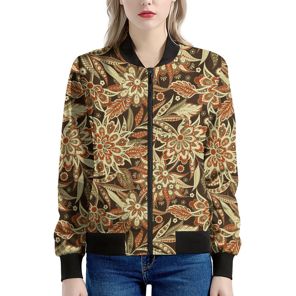 Vintage Brown Bohemian Floral Print Women's Bomber Jacket