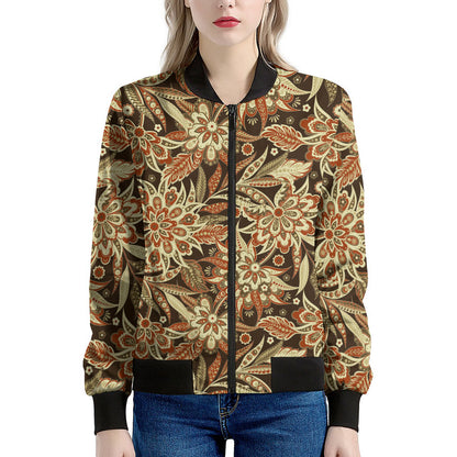 Vintage Brown Bohemian Floral Print Women's Bomber Jacket