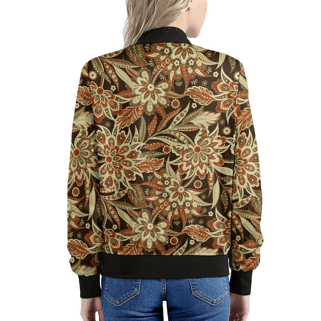 Vintage Brown Bohemian Floral Print Women's Bomber Jacket