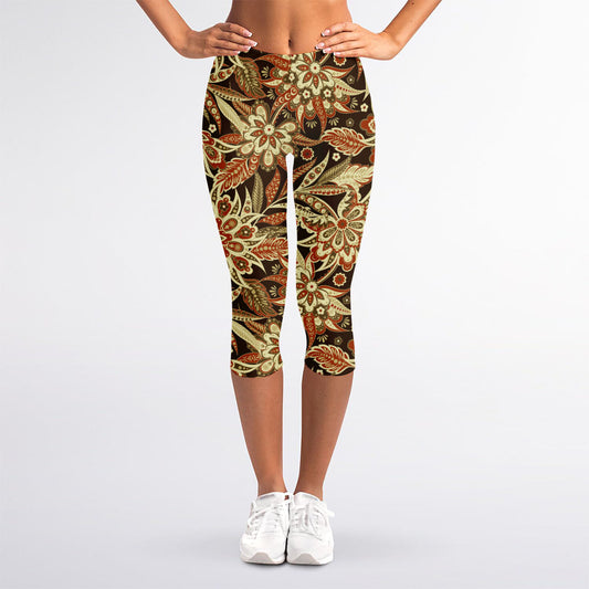 Vintage Brown Bohemian Floral Print Women's Capri Leggings