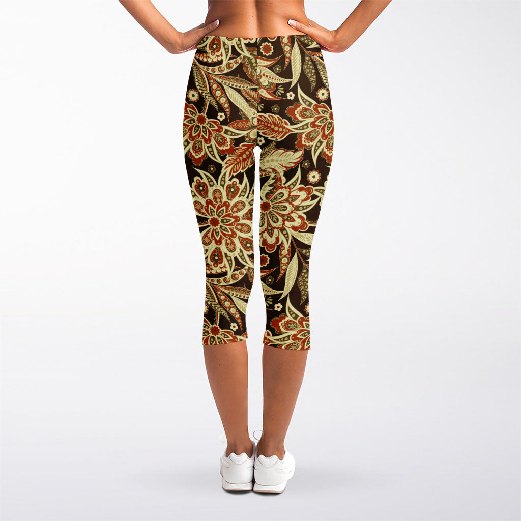Vintage Brown Bohemian Floral Print Women's Capri Leggings
